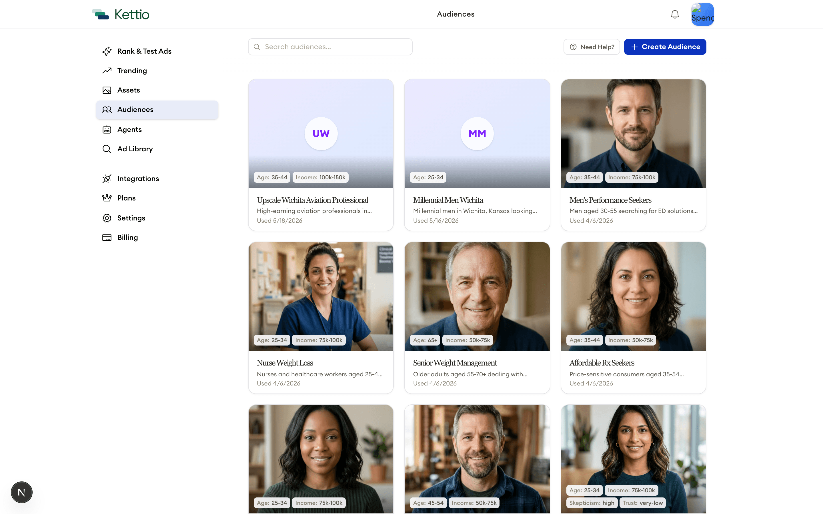 Kettio audience persona cards showing demographics and descriptions