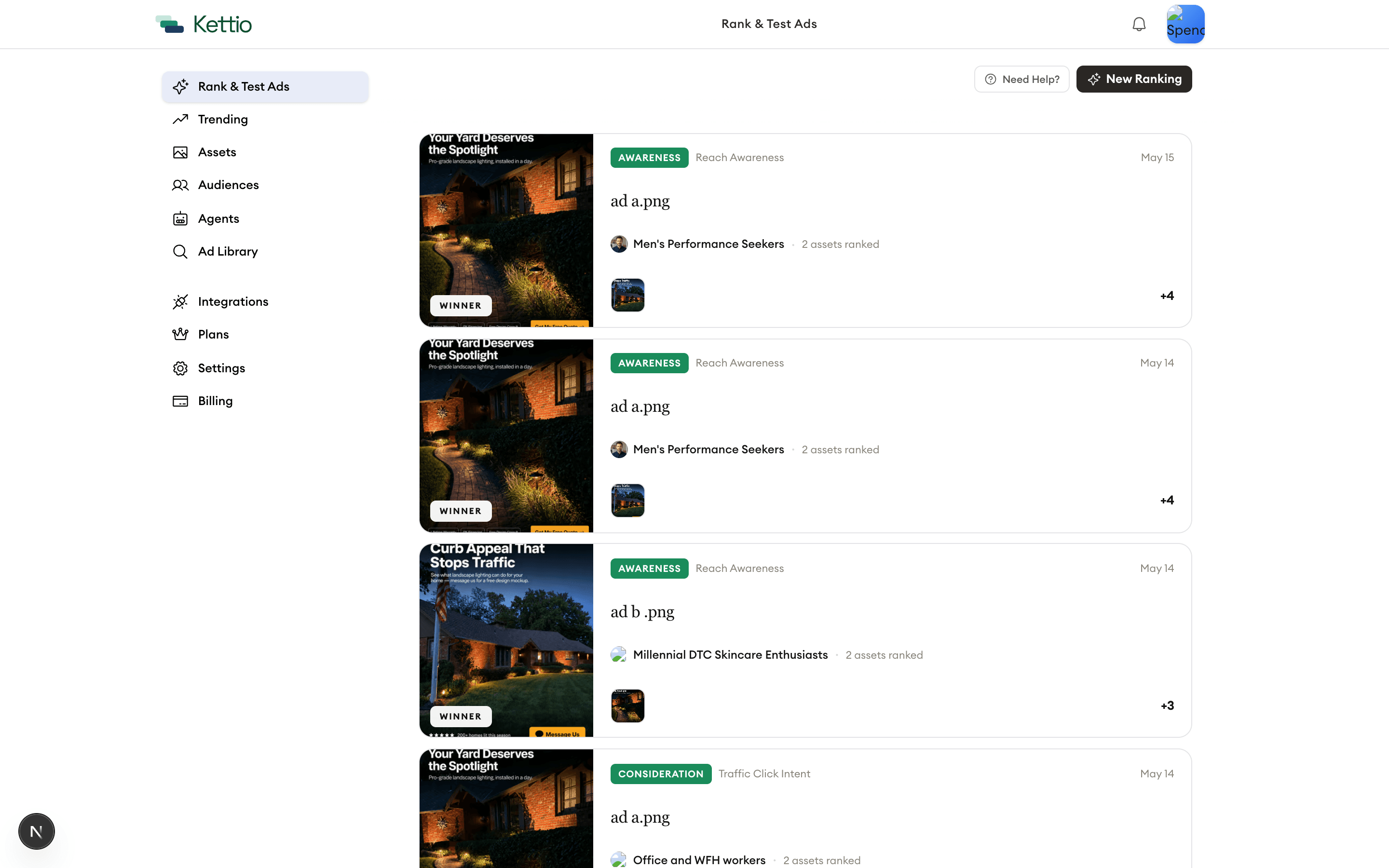 Kettio dashboard showing ranking history with winner badges and campaign types