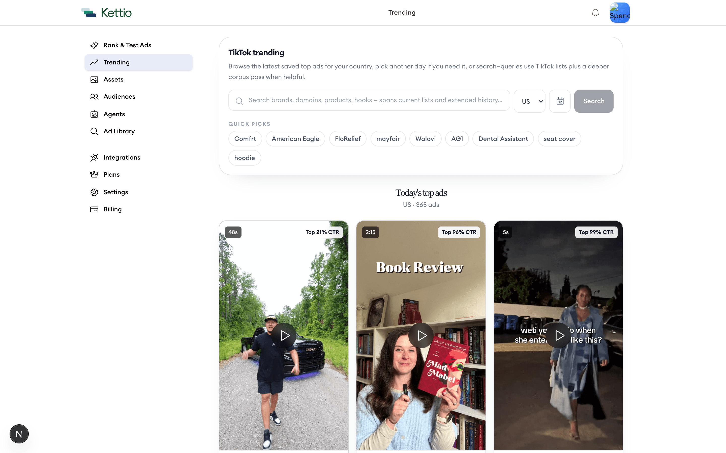 Kettio trending page showing top TikTok ads with CTR percentages