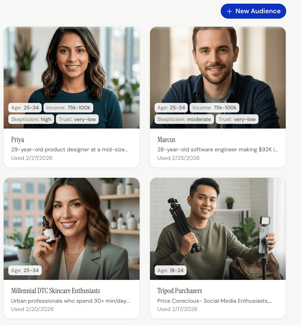 Kettio audience picker showing pre-built buyer cohorts ready to simulate against.