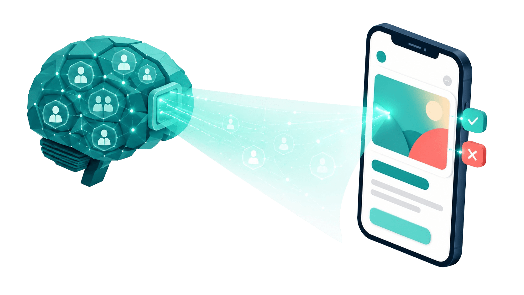 Kettio audience simulation: a synthetic-audience brain projects buyer personas onto an ad, which is then swiped right or left for approval.