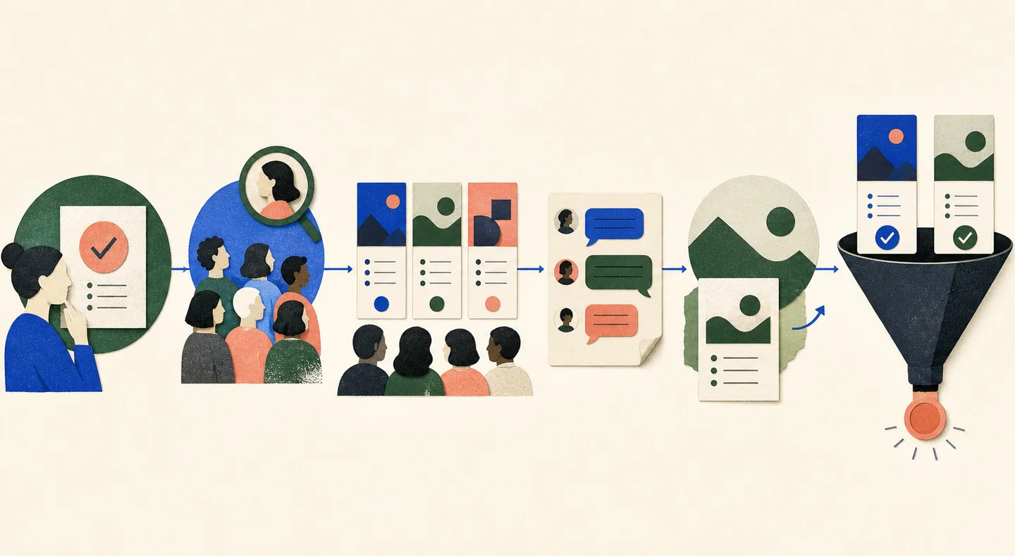 A repaired testing sequence defines one decision, uses the relevant audience, compares distinct concepts, revises early, and launches finalists.