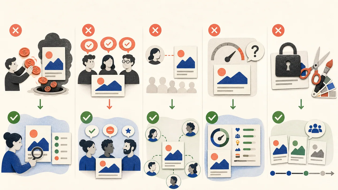 Five testing pitfalls surround an ad: premature spending, biased feedback, one audience, unexplained scores, and testing too late.