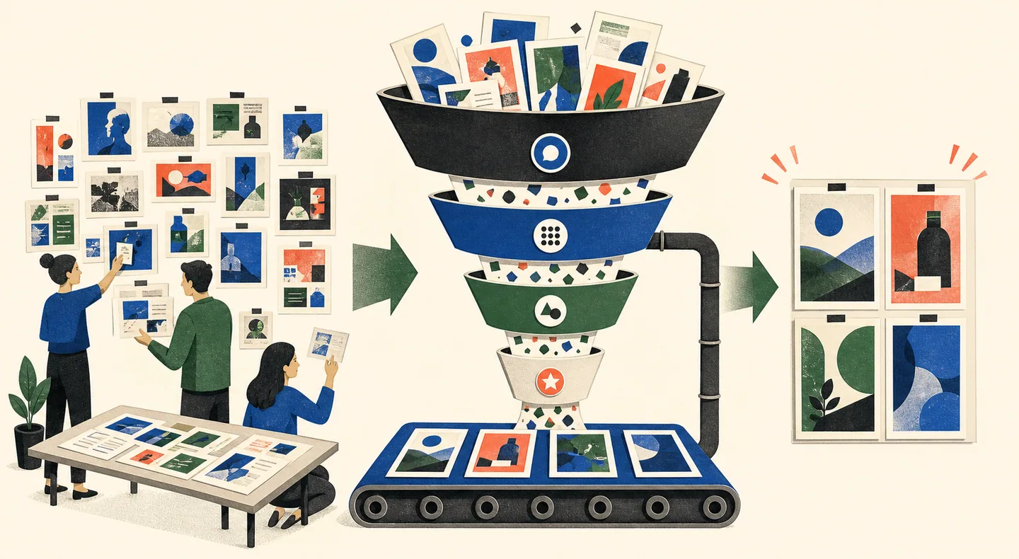 A small agency team moves a large batch of ad concepts through evaluation and produces a prioritized client-ready shortlist.