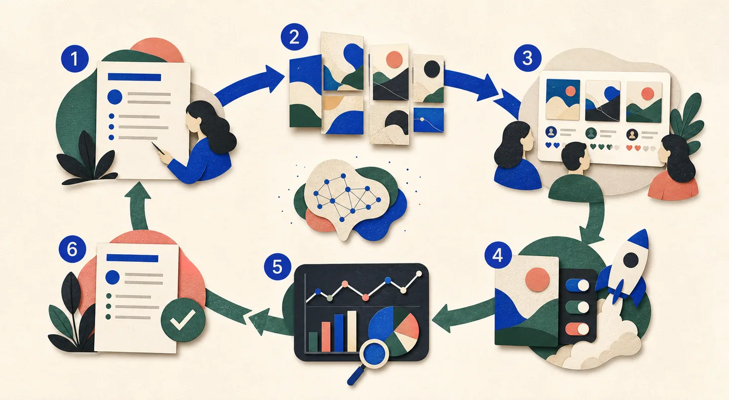 A lifecycle connects creative briefing, generation, audience testing, controlled launch, learning, and the next refined brief.