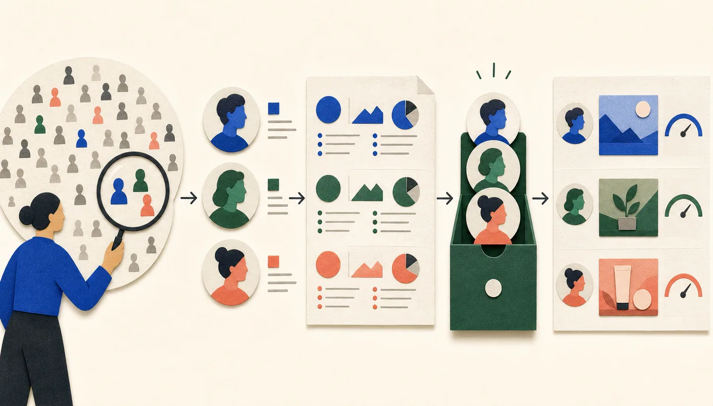 An agent discovers market segments, grounds selected profiles in research, saves them, and sends them into creative evaluation.