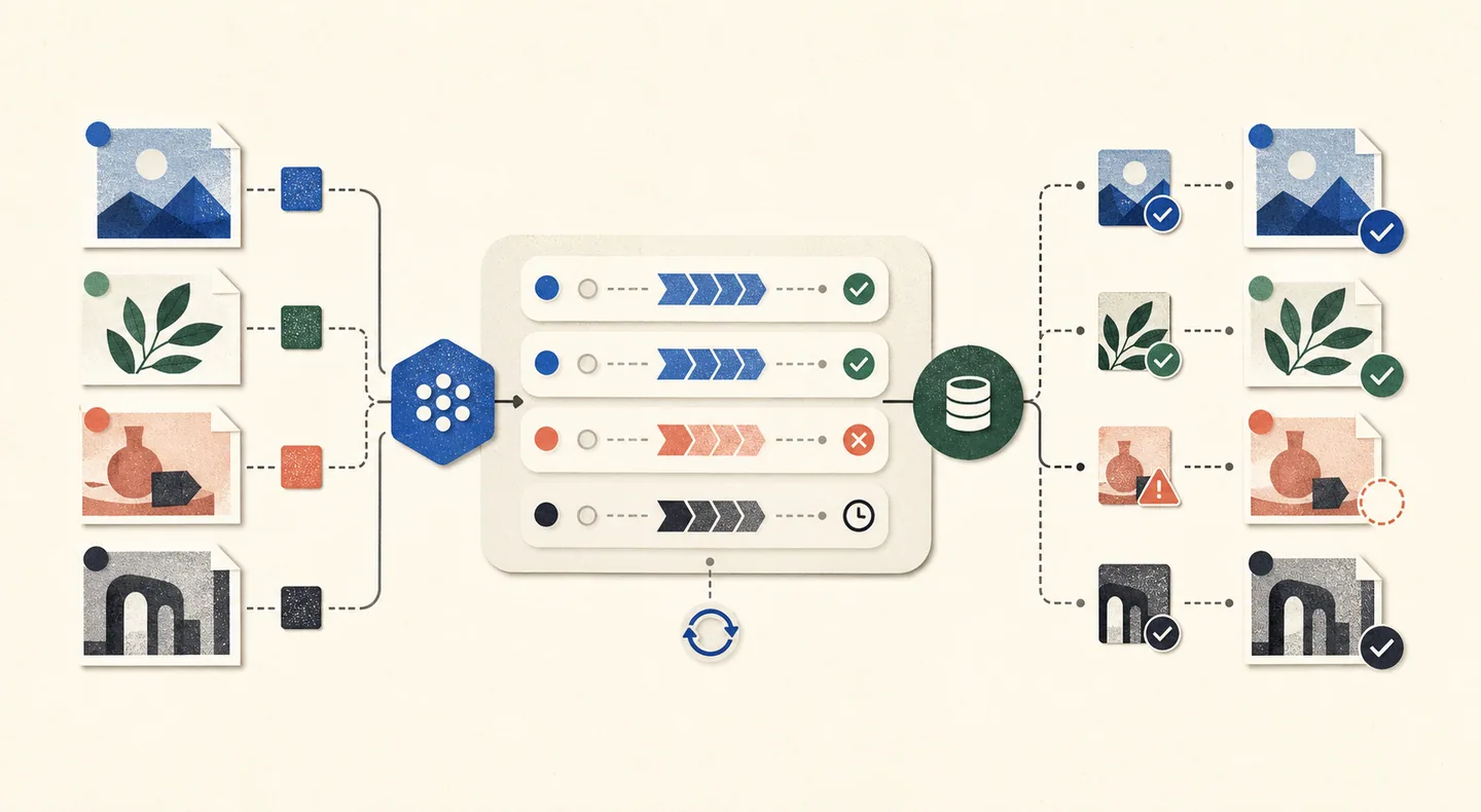 Stable creative identifiers connect asynchronous jobs, status checks, partial failures, and structured results back to the original batch.