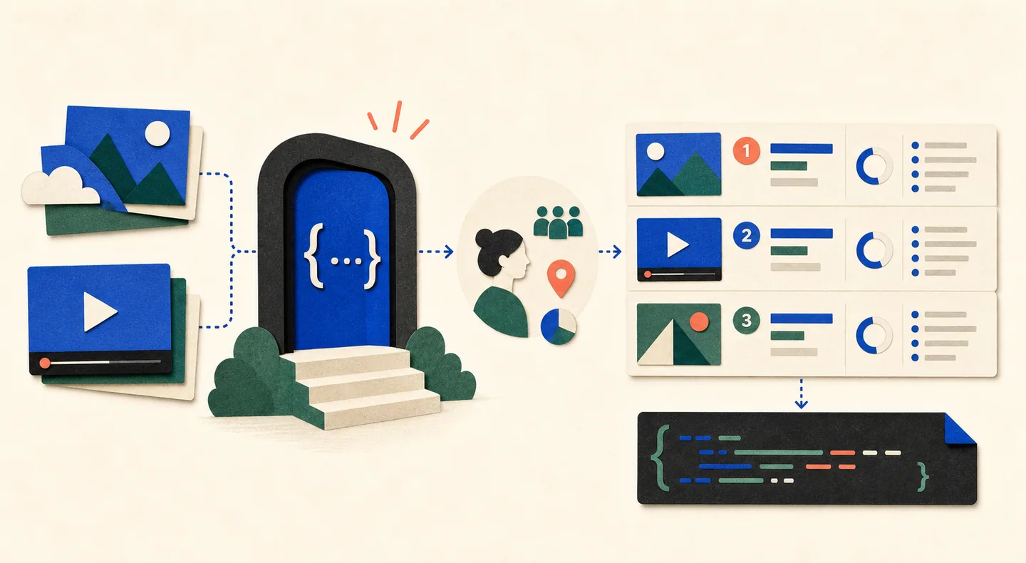 Creative assets and audience context enter an API that returns structured scores, ranks, confidence, and rationales.