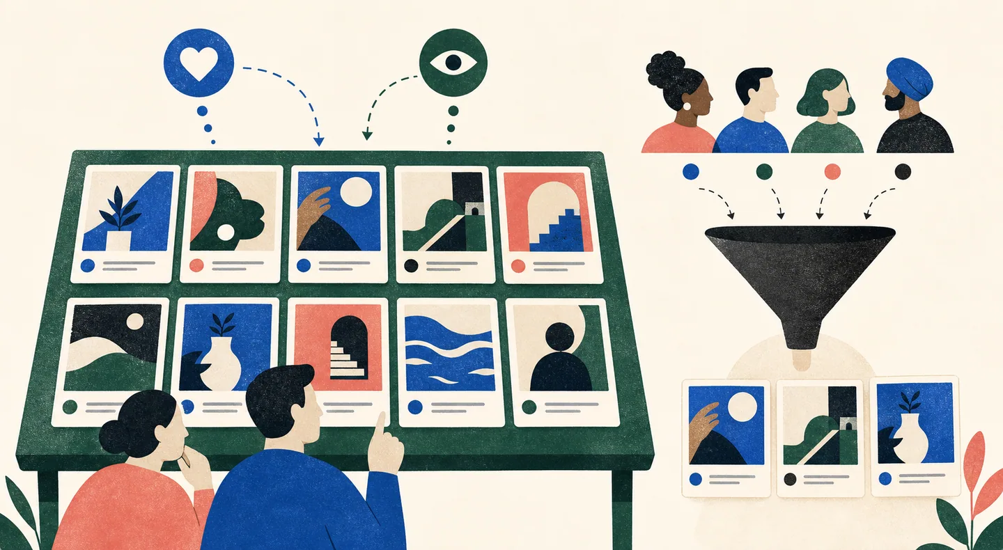 Ten generated ads enter an audience-specific evaluation funnel that produces a small, diverse launch shortlist.