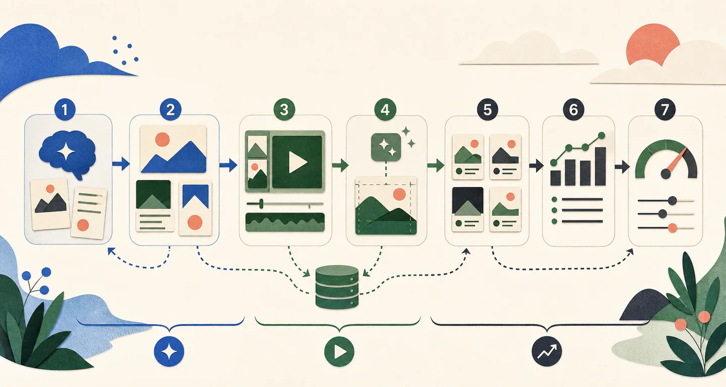 AI ad tools are grouped into generation, video, testing, and optimization roles within one connected workflow.
