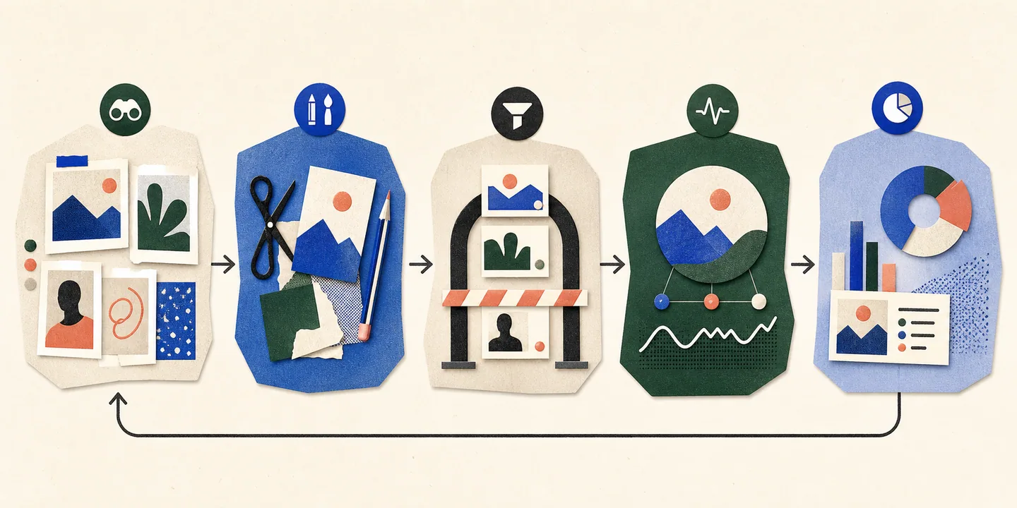 Five connected stages show creative research, production, pre-launch selection, live experimentation, and post-launch analysis as one workflow.