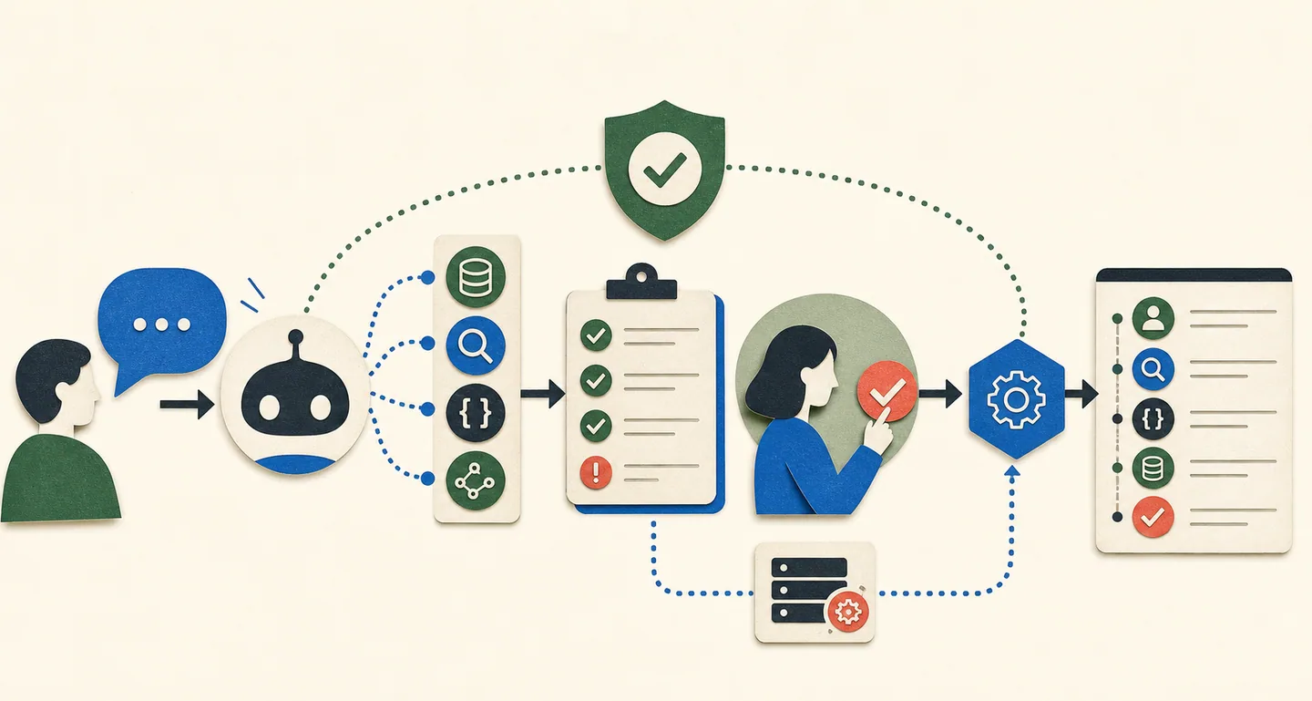 Intent, MCP tool selection, validation, human approval, API fallback, and an audit log connect in a safe agent architecture.