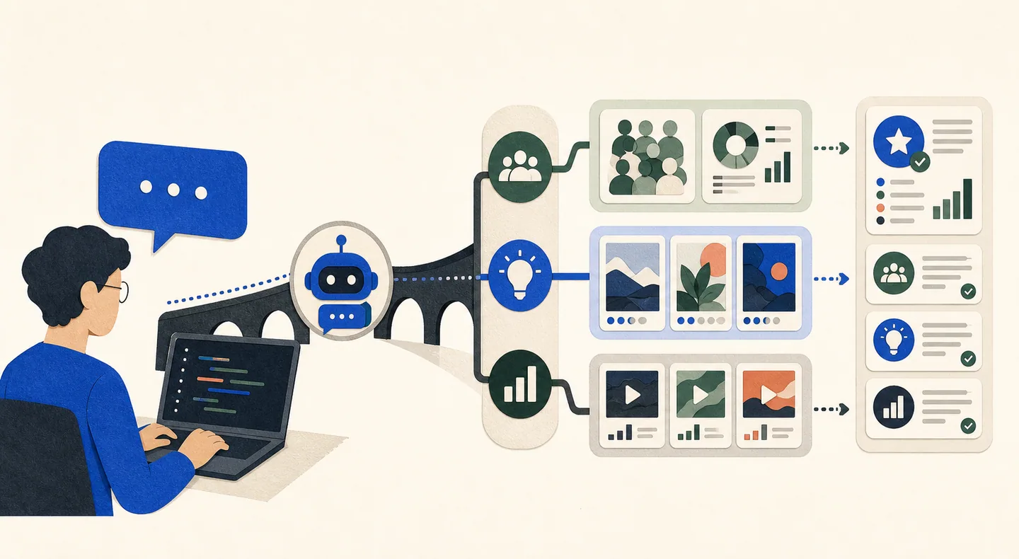 A conversational agent crosses an MCP bridge to audience and creative-ranking tools, then returns structured recommendations.