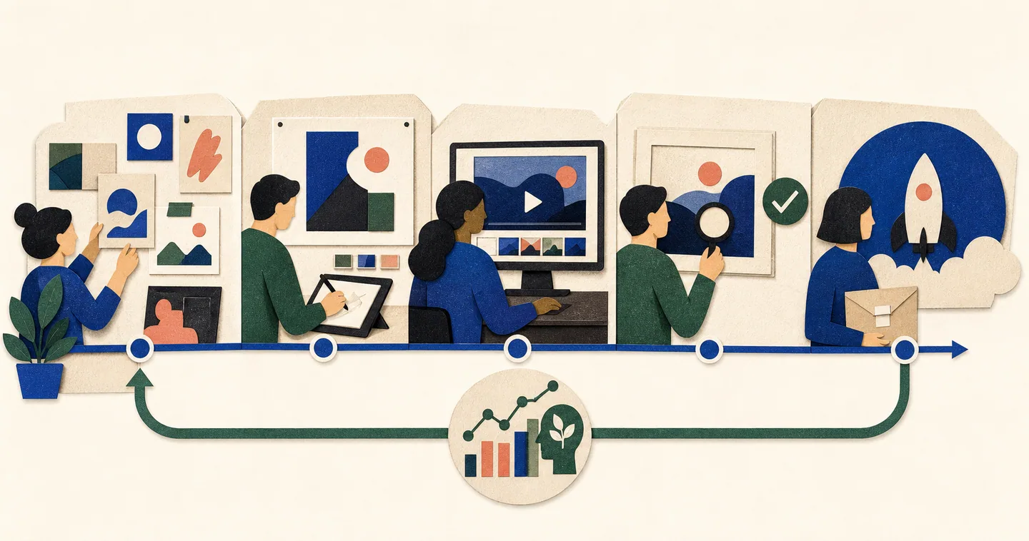 Five connected workstations show concept selection, refinement, production preview, validation, and launch-ready handoff across a week.