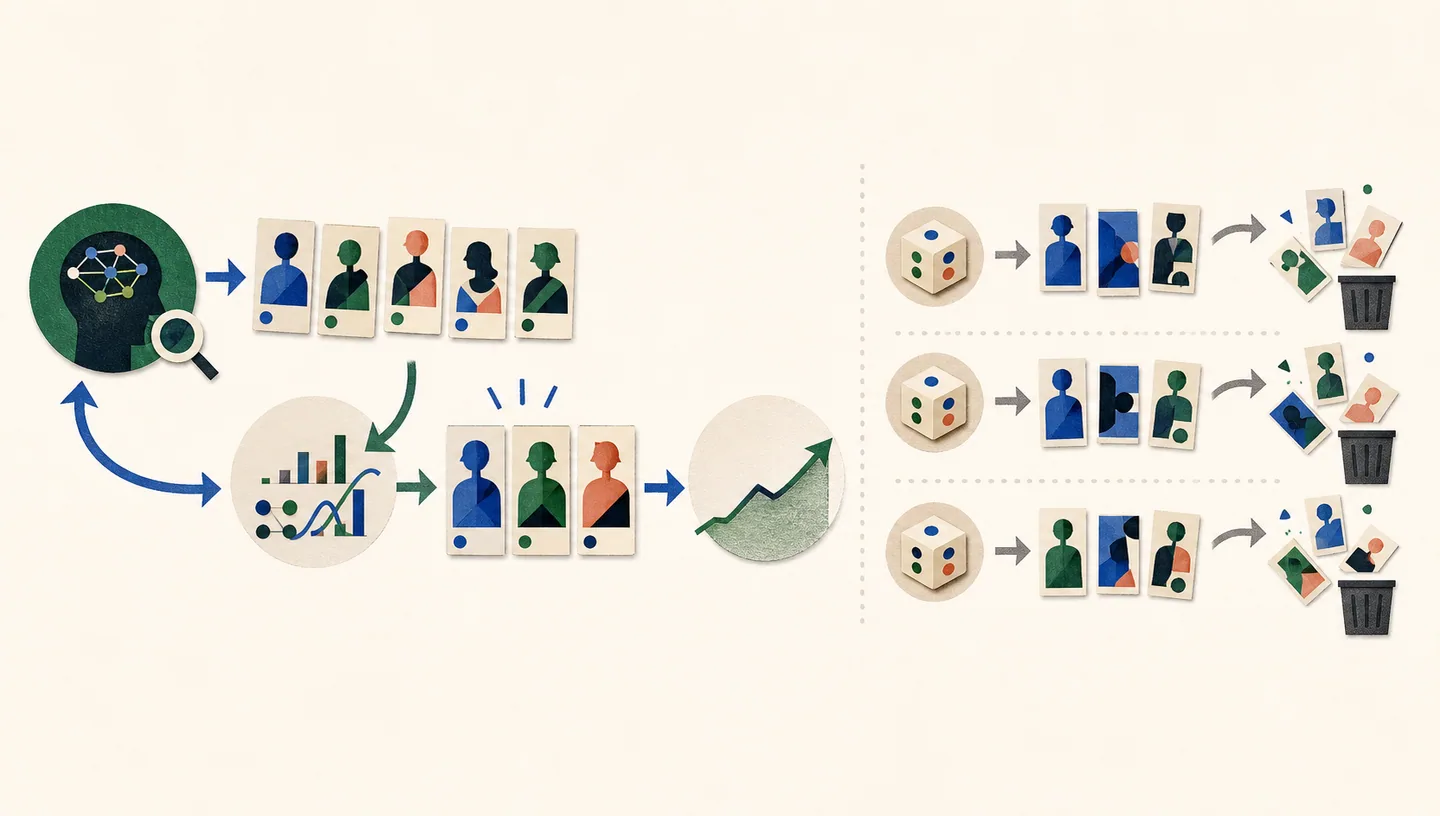 Pre-launch predictions and live results compound into the next batch while repeated creative shuffling retains little learning.