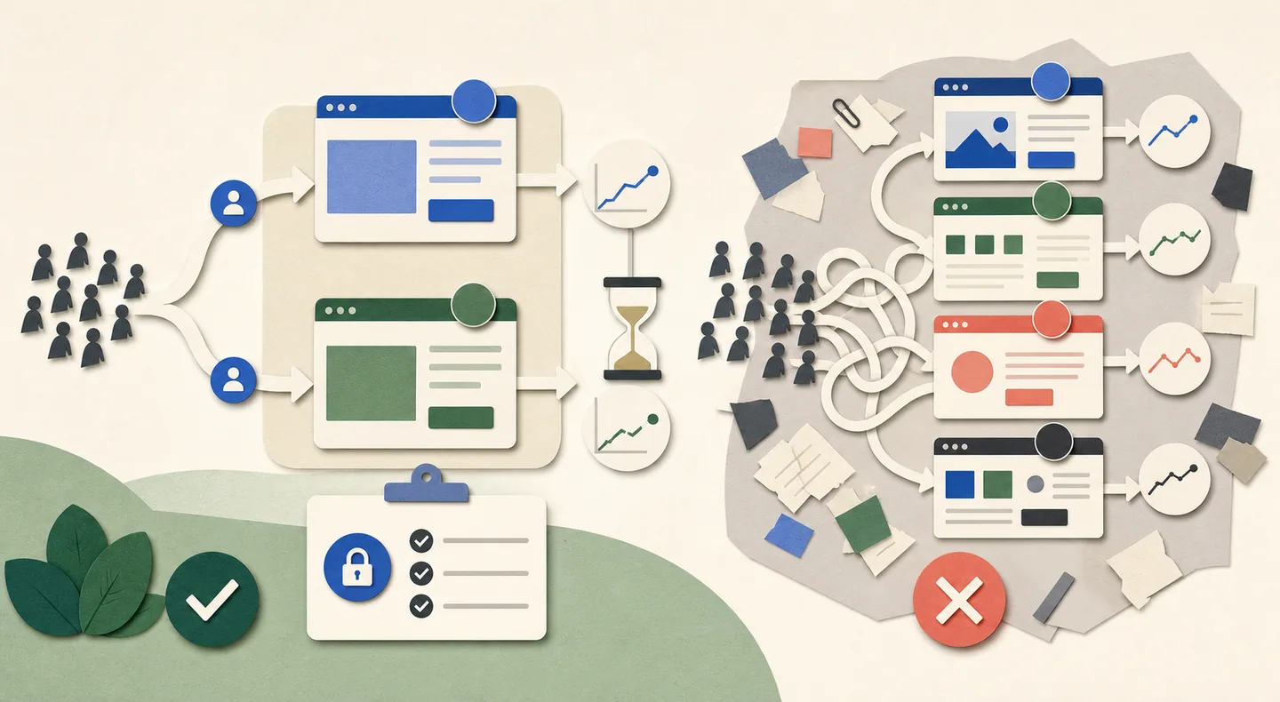 A valid live test changes one meaningful variable, balances traffic, observes long enough, and freezes its success rule.