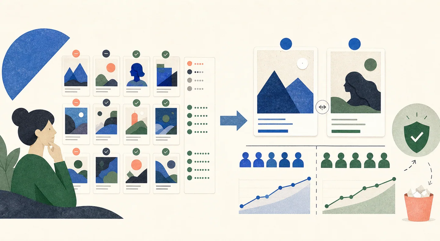 Many concepts are scored before spend, then a finalist pair enters a controlled live split test for behavioral proof.