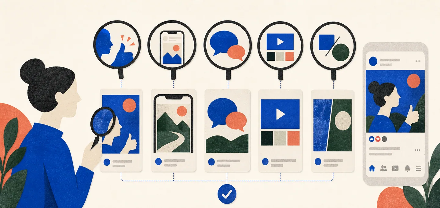 Inspection lenses check thumb-stop clarity, mobile composition, message match, format fit, and concept difference before a platform test.