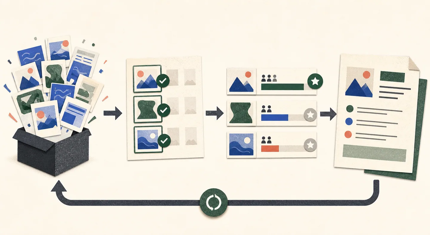 Generated variants enter pre-launch selection, live results reveal real winners, and those lessons improve the next creative brief.