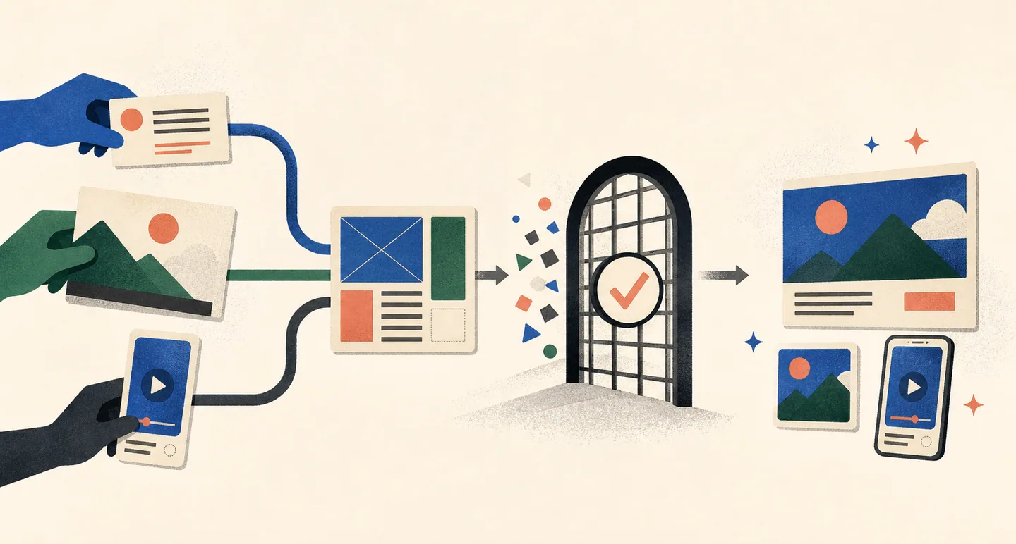 AI tools generate copy, image, video, and layout variants that still need an evaluation gate before launch.
