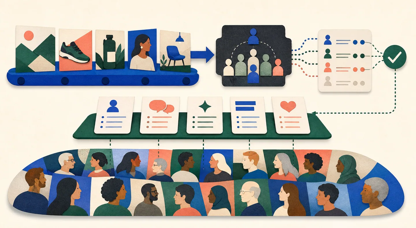 A trust stack connects population data, structured prompting, image tests, and agreement with observed campaign outcomes.