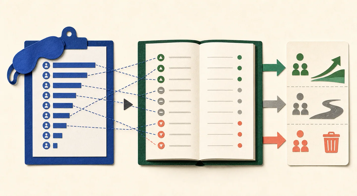 A frozen predicted ranking is compared with revealed outcomes, then top, middle, and bottom groups follow different production rules.