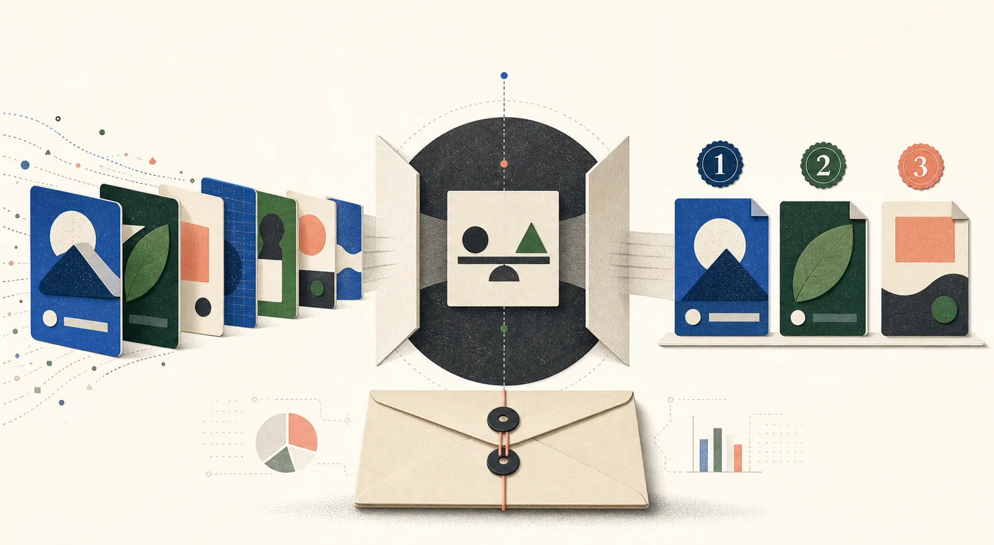 Ad creatives pass through a blind evaluation before a ranked shortlist is compared with outcomes kept in a sealed envelope.