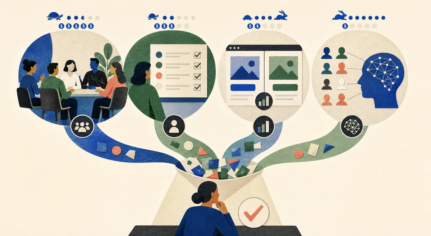 Focus groups, survey panels, platform split tests, and synthetic audiences provide different evidence for one launch decision.
