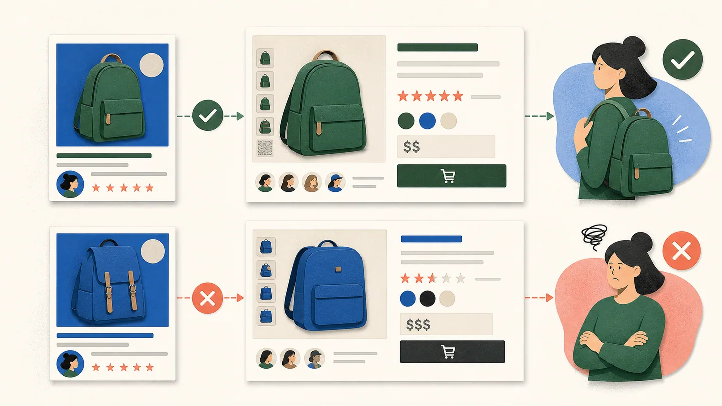 Product, claim, visual cue, price context, and creator proof remain consistent from an ad to its product page.