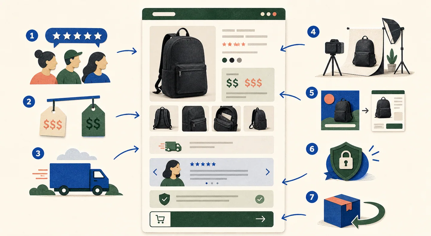 Seven trust cues guide a shopper from an ad-matched product page toward a confident checkout decision.