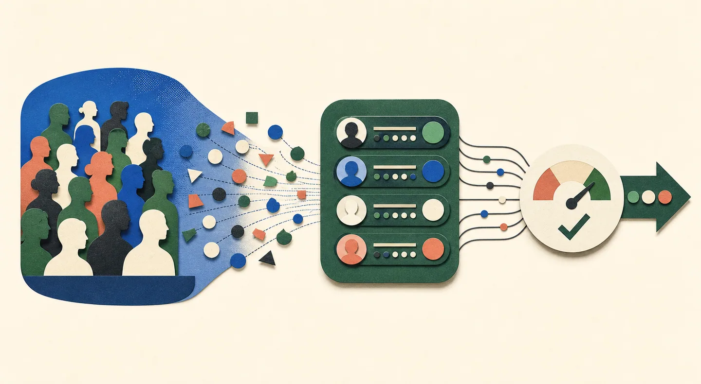 A grounded population model generates varied reactions while a separate validated scoring layer converts them into campaign decisions.