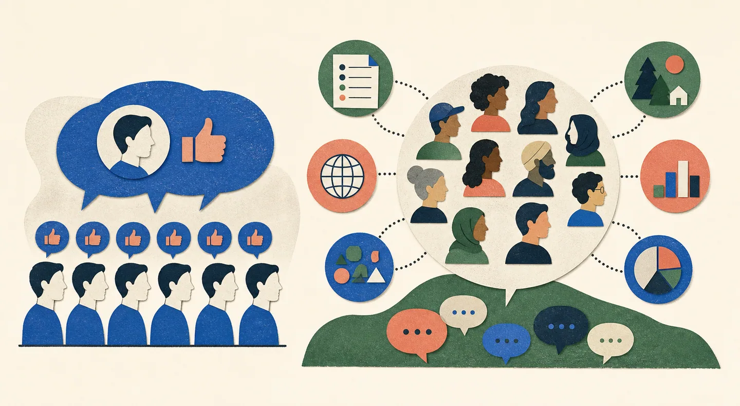 Identical agreeable avatars are contrasted with varied synthetic profiles grounded in survey, cultural, and behavioral anchors.