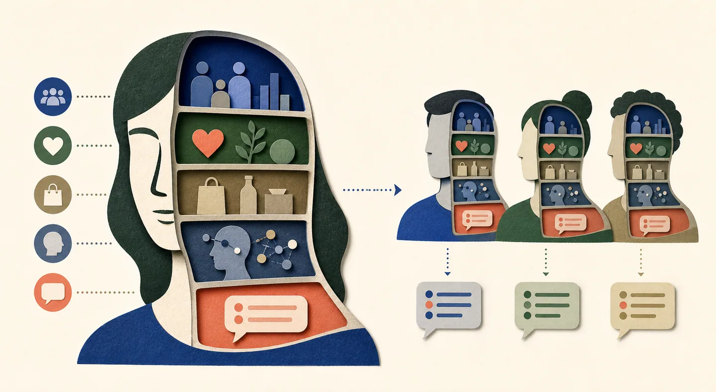 A synthetic respondent combines demographic, values, category, and individual-variation layers before producing a distinct reaction.