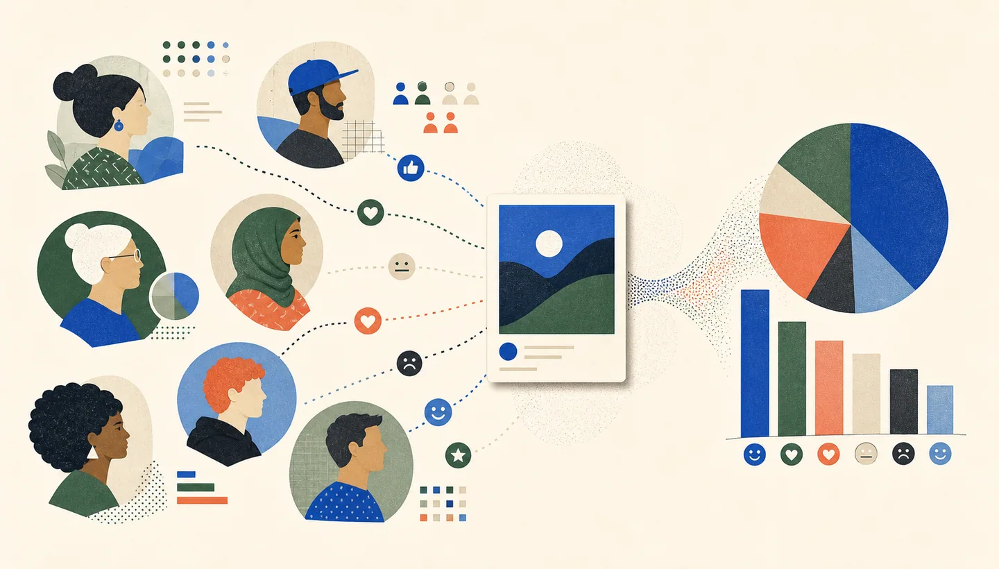 Diverse audience profiles grounded in survey and cultural data react independently before their responses form a distribution.