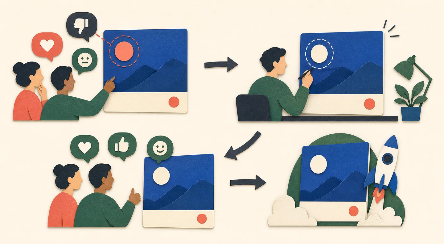 Audience feedback identifies one weak creative element, which is revised and checked again before launch.