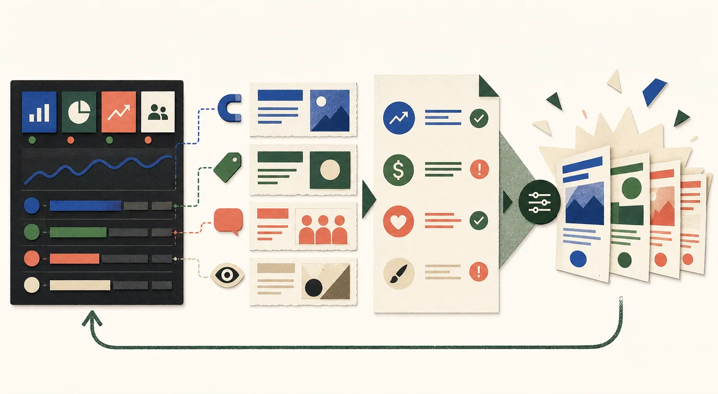 Campaign outcomes point back to hook, offer, proof, and visual decisions that become constraints for the next generation batch.