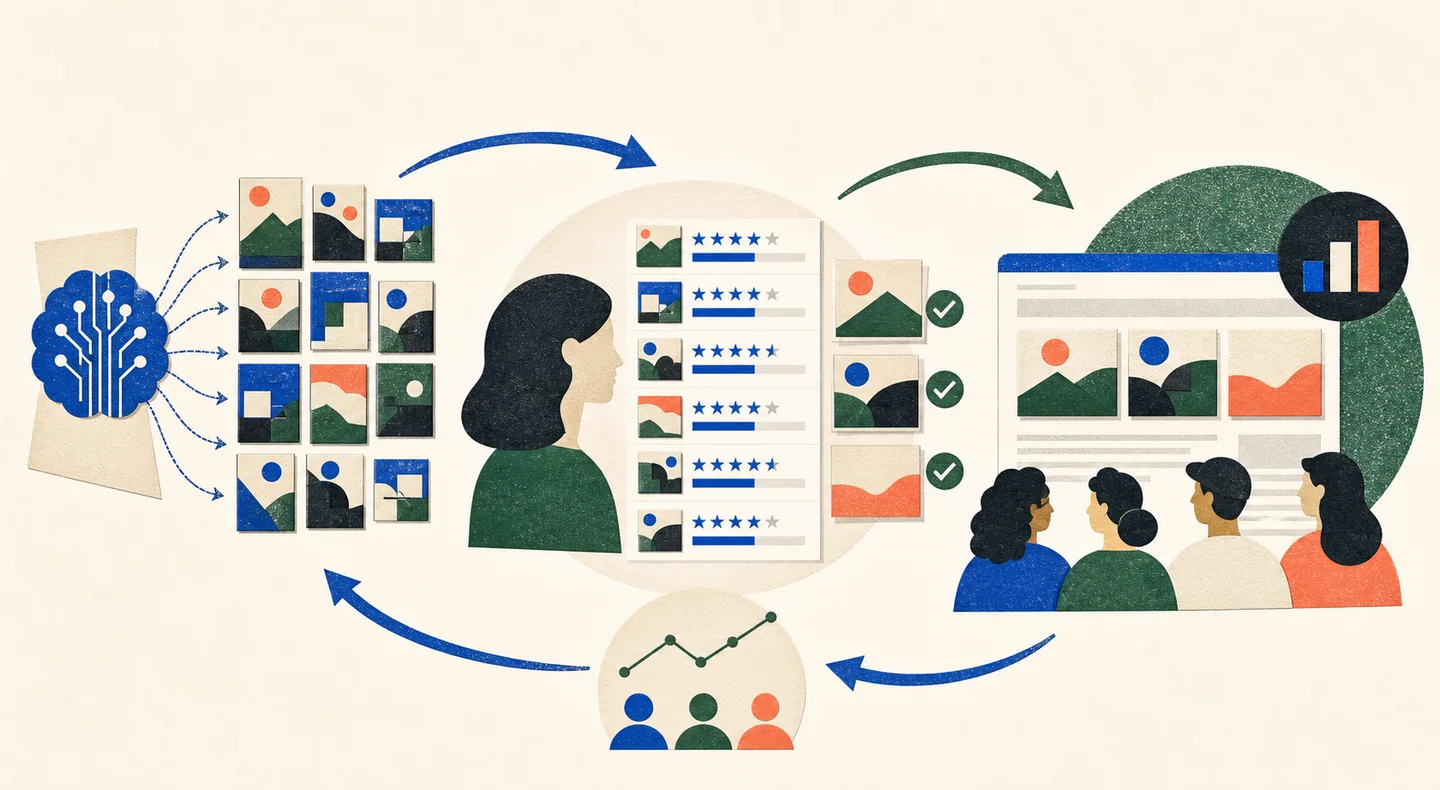 AI creative generation, buyer-specific scoring, controlled launch, and observed results form a continuous feedback loop.