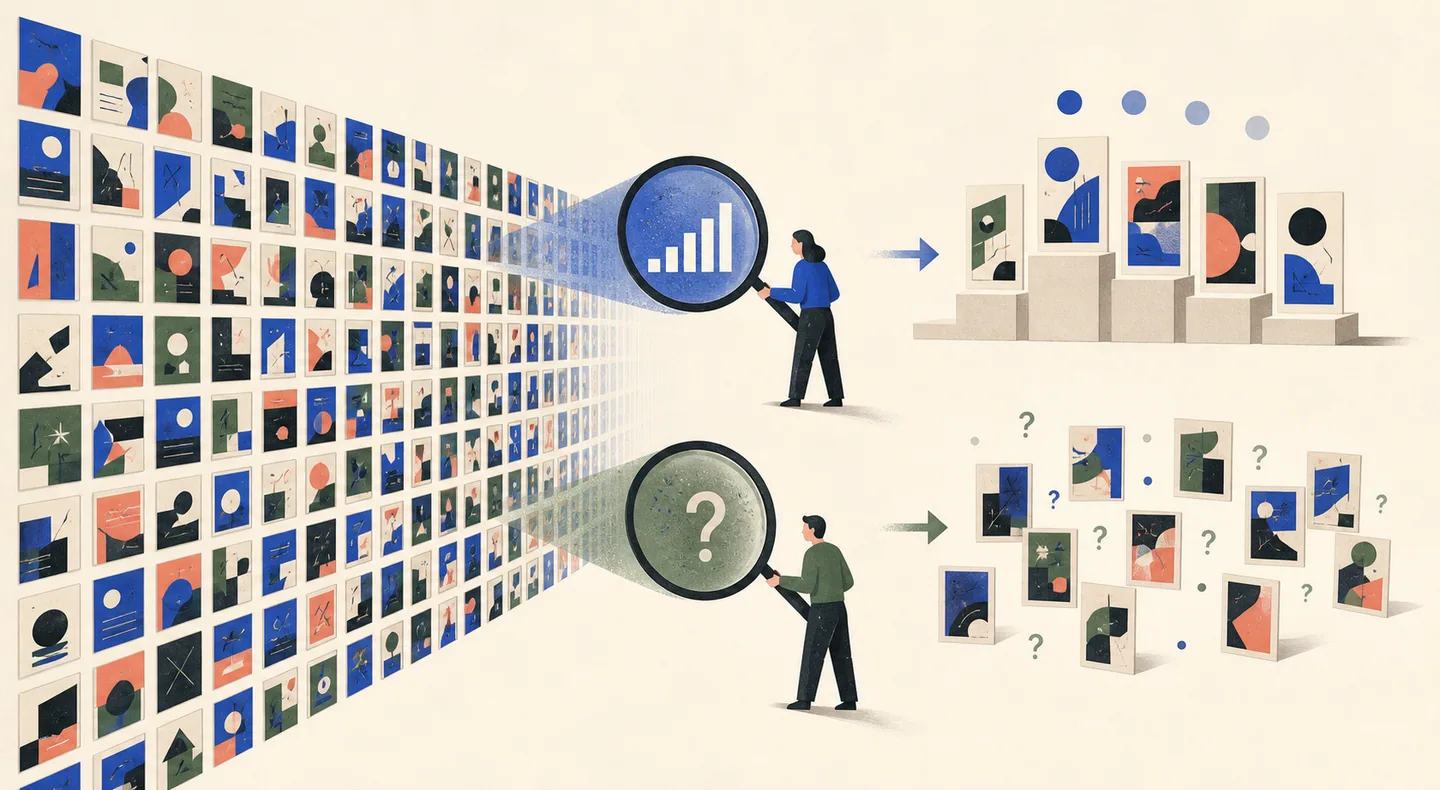 A large creative benchmark is narrowed through competing evaluation lenses to compare the clarity of their ranking signals.