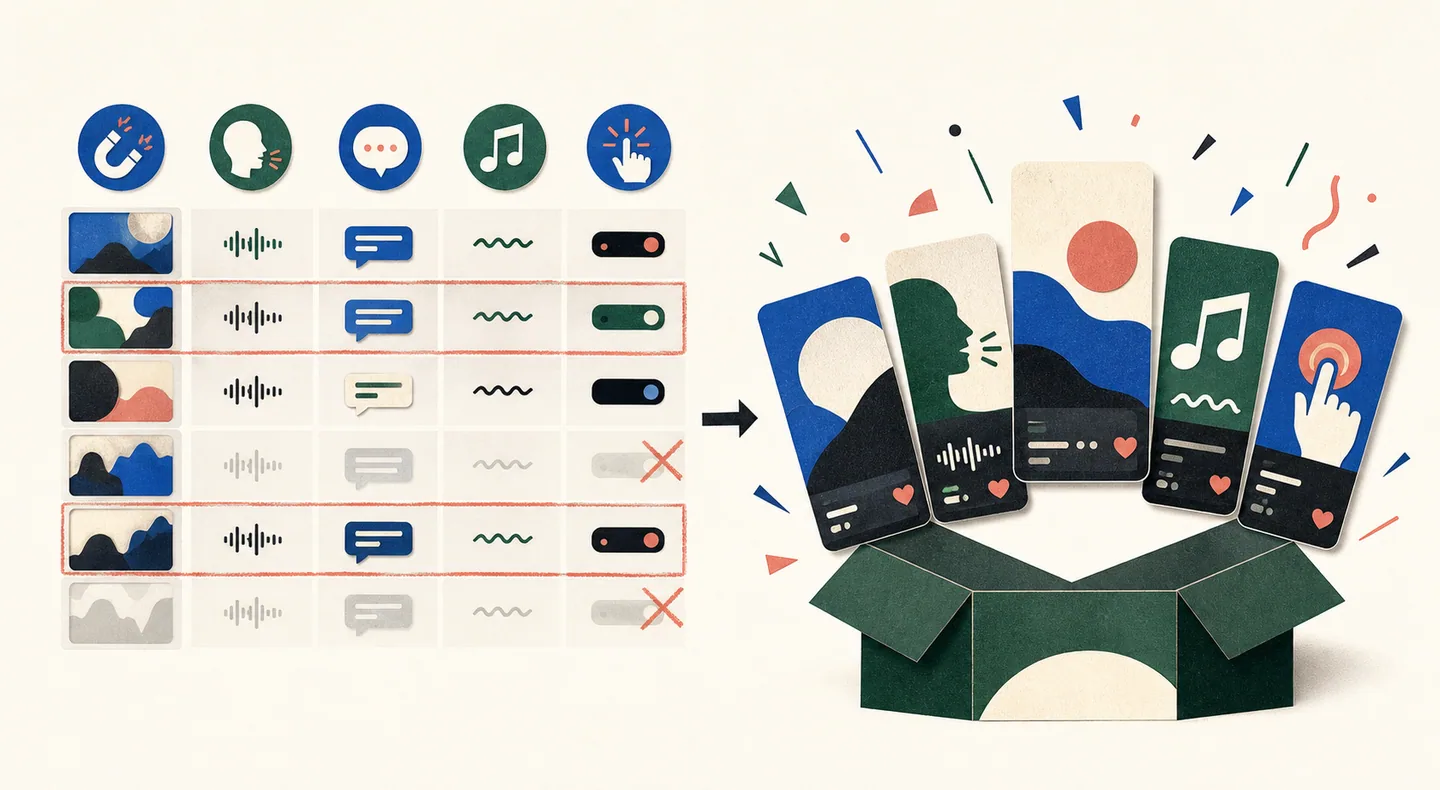 A pre-launch matrix compares hook, voice, caption, audio, and call-to-action combinations before selecting a diverse launch set.