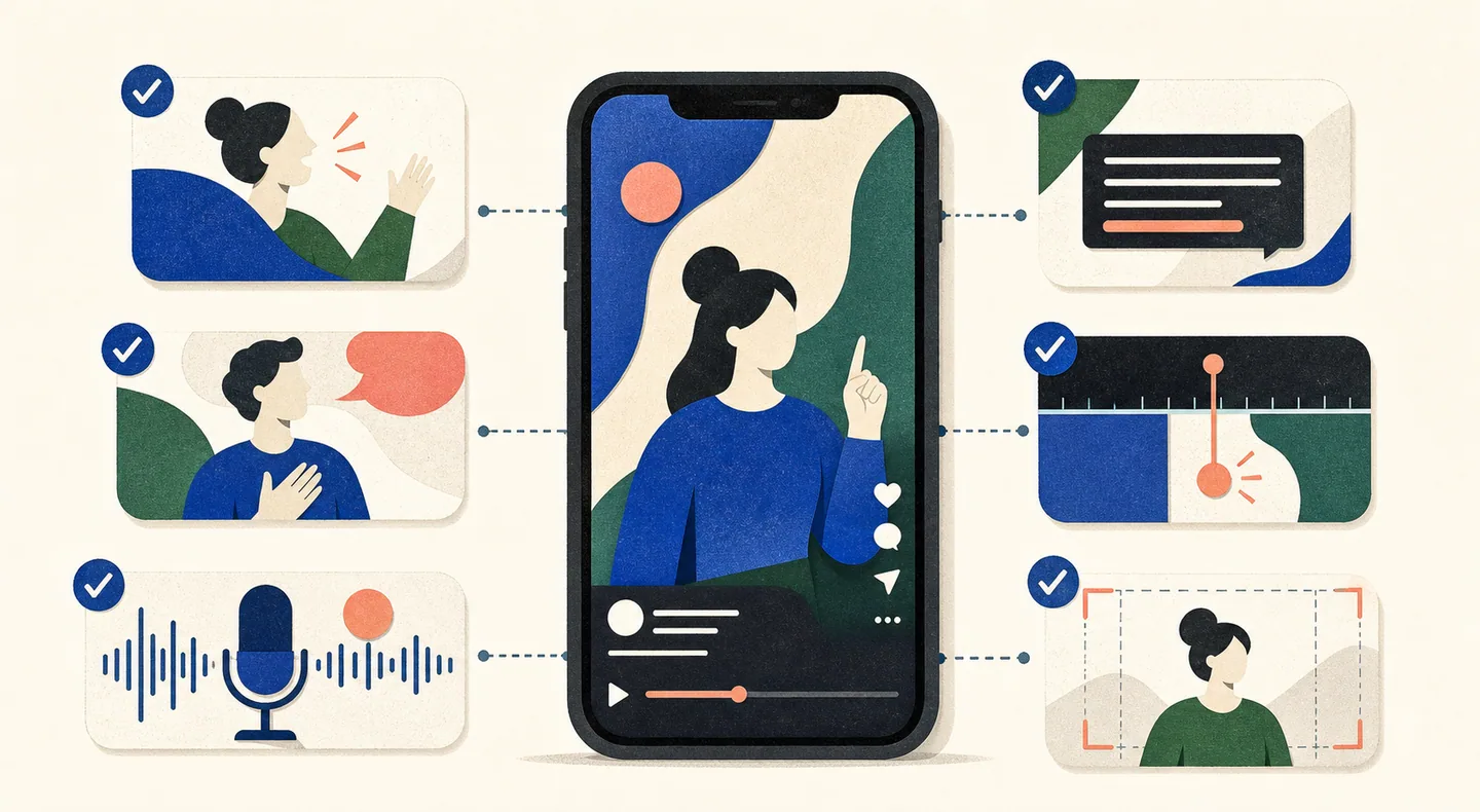 A vertical video is surrounded by six tests for its hook, creator voice, audio, captions, call to action, and framing.