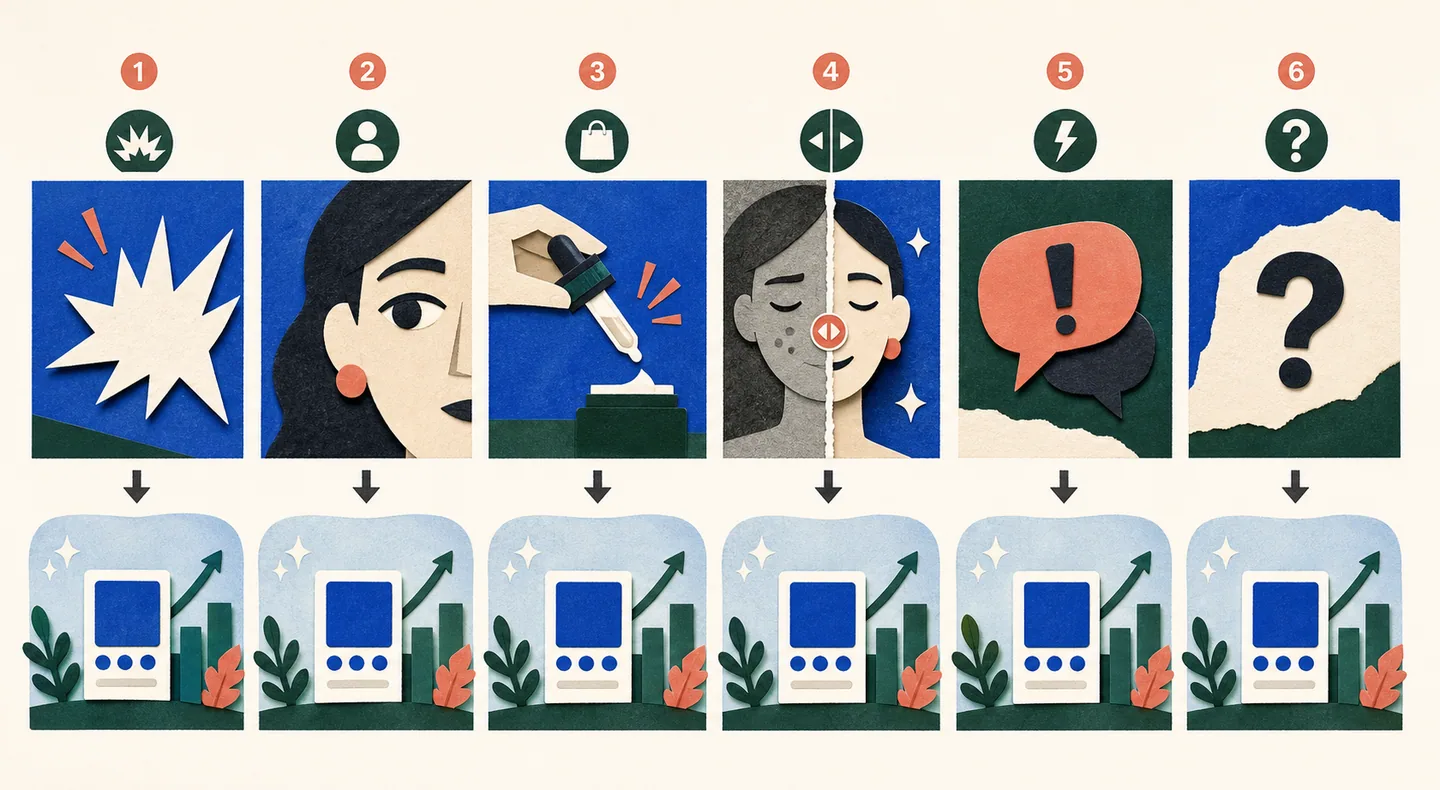 Six three-second hook patterns use bold claims, faces, product action, reveals, controversy, or problems to reach a product payoff.