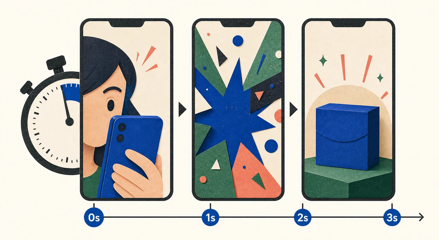 A three-frame vertical-video storyboard uses an immediate close-up, visual change, and product payoff to win attention.