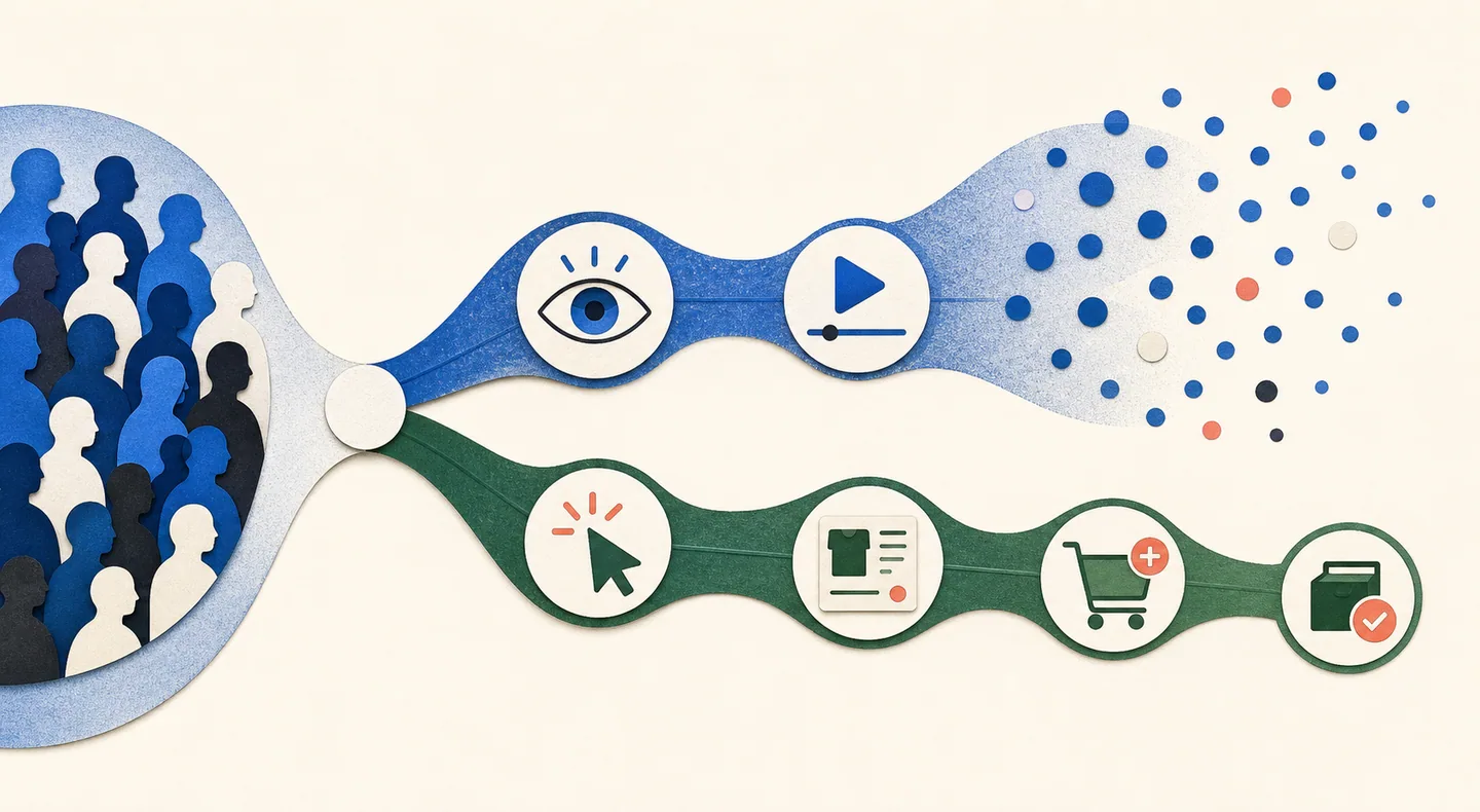 Views and watch time separate from product clicks, listing engagement, cart actions, and purchases in a commerce diagnostic.
