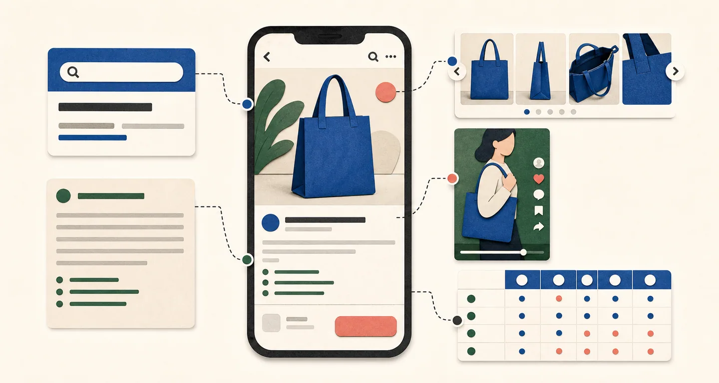 A product listing combines a searchable title, structured description, ordered image carousel, demonstration video, and test matrix.