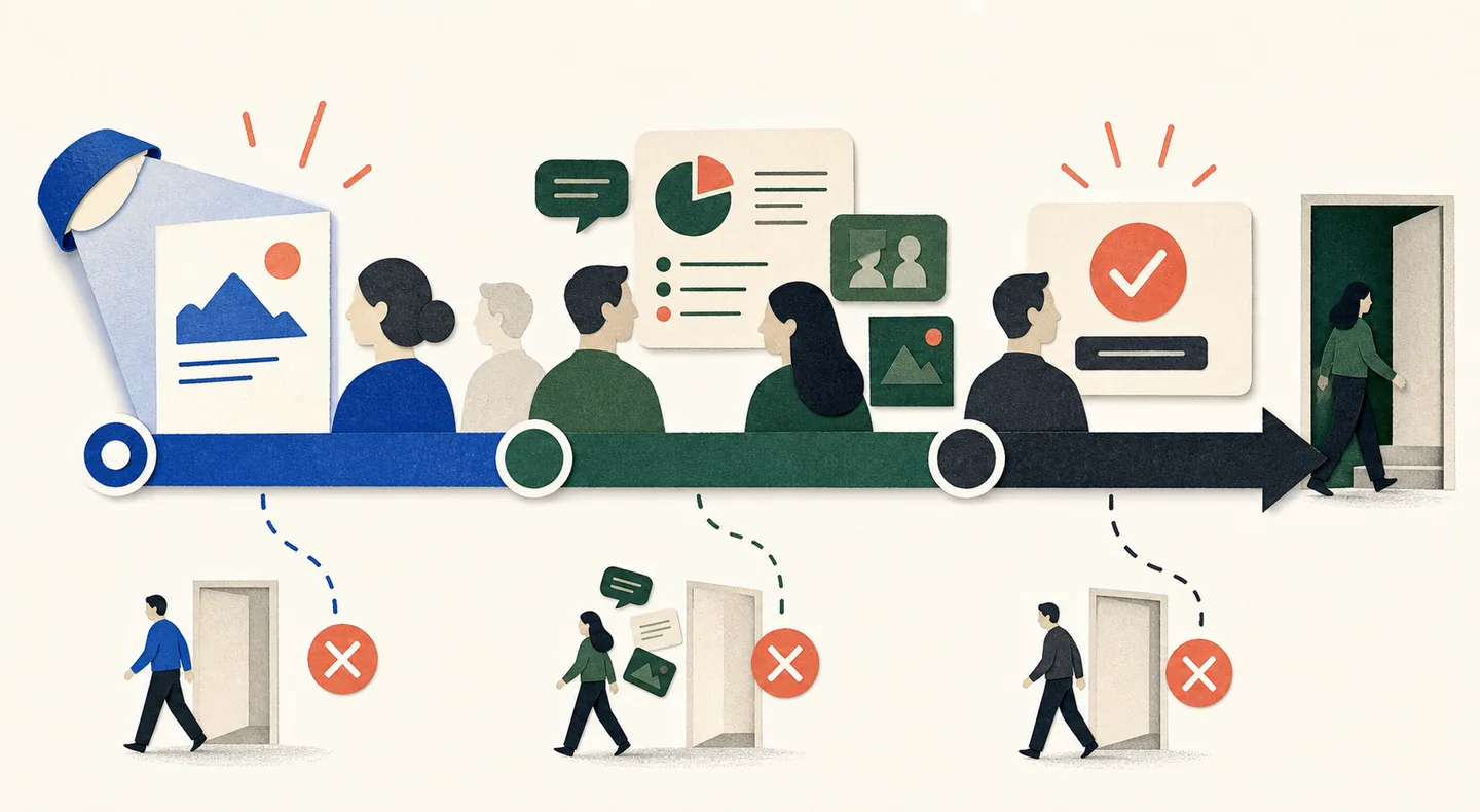 An attention timeline moves from opening interest through relevance and proof to a clear action, with drop-off at any break.