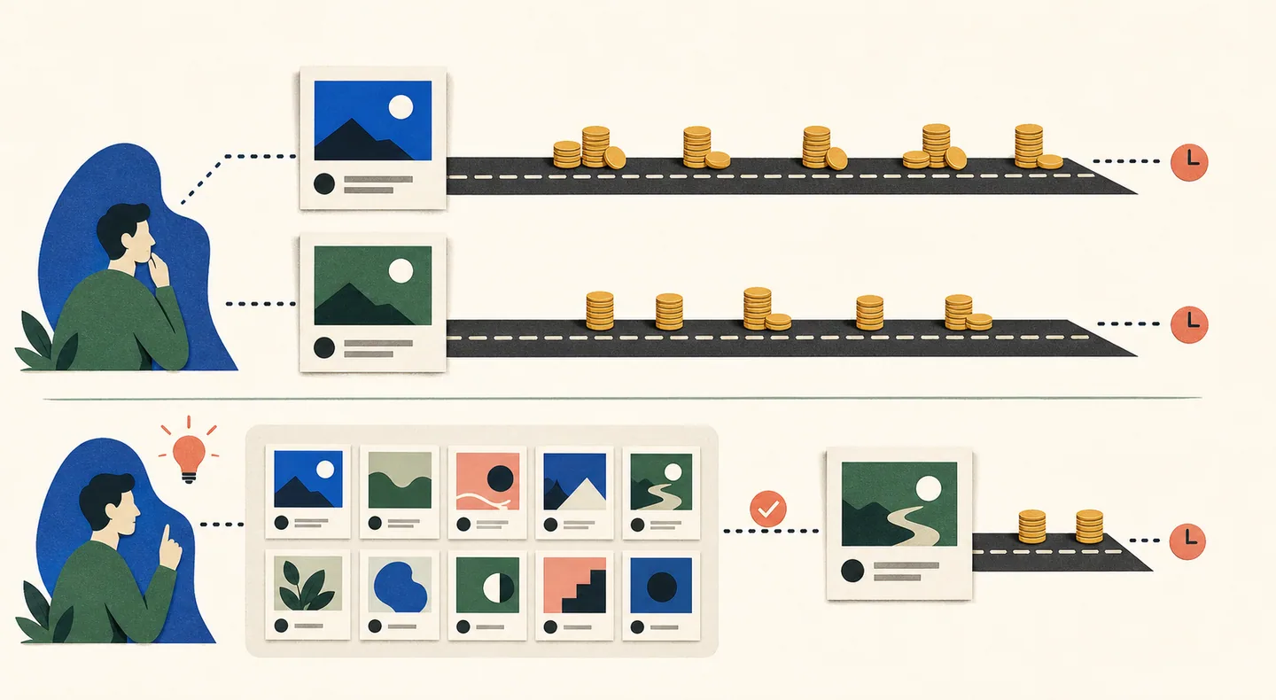 A slow two-ad split test is contrasted with evaluating many concepts before a smaller live confirmation.
